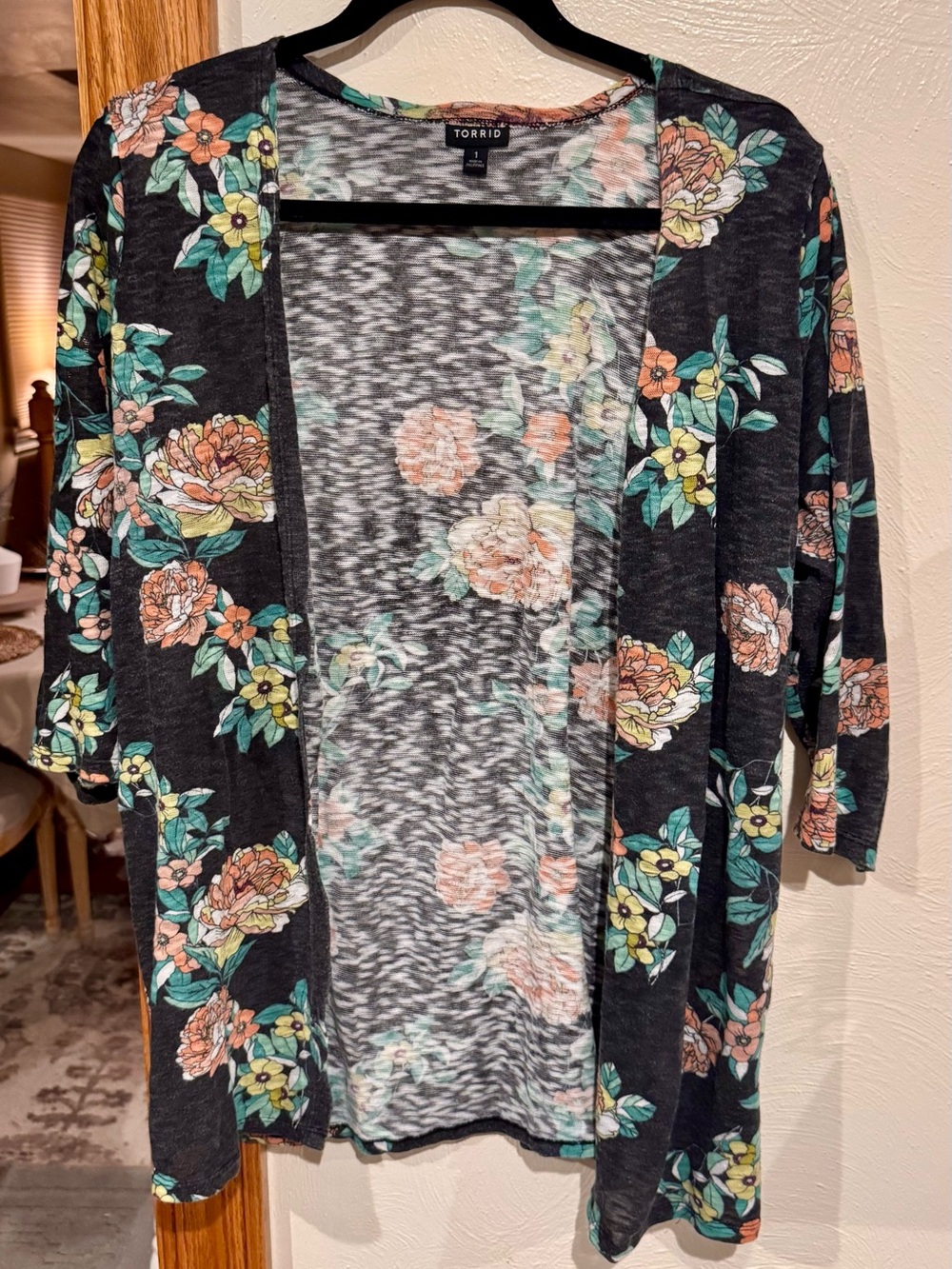 torrid Black Floral Open-Front Cardigan with Mint and Peach Blooms